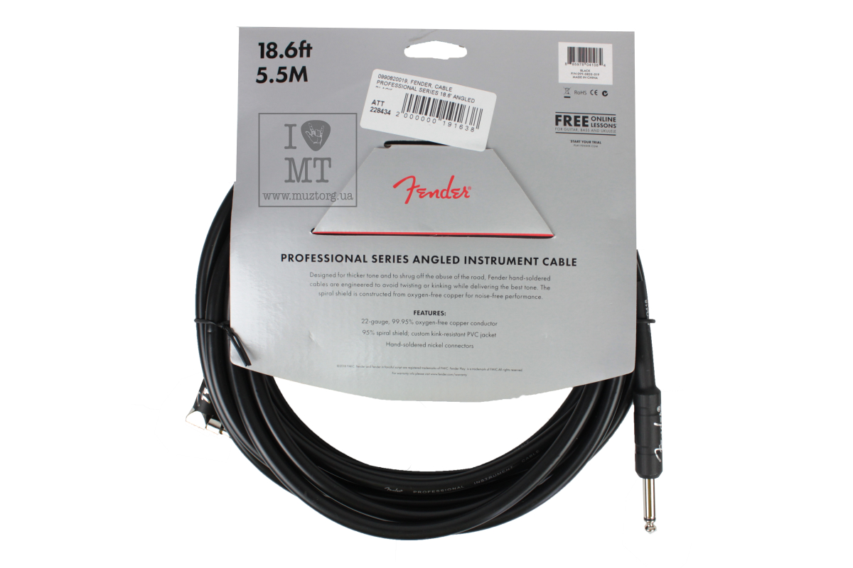 Kabel nástrojový FENDER CABLE PROFESSIONAL SERIES 18.6' ANGLED BLACK