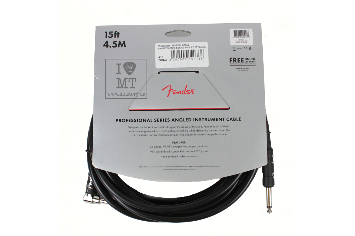 Kabel nástrojový FENDER CABLE PROFESSIONAL SERIES ANGLED 15' BLACK