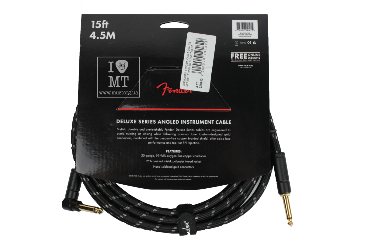 Nástrojový kabel FENDER CABLE DELUXE SERIES 15' ANGLED BLACK TWEED