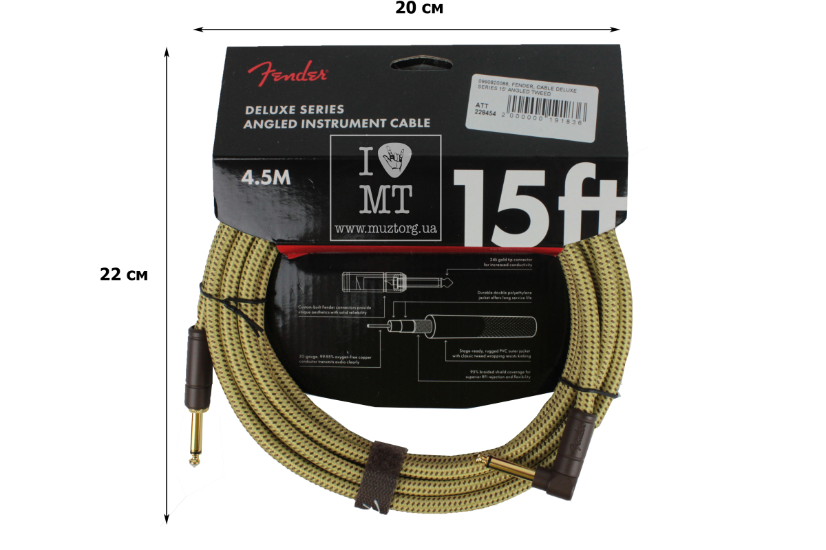 Kabel nástrojový FENDER CABLE DELUXE SERIES 15' ANGLED TWEED