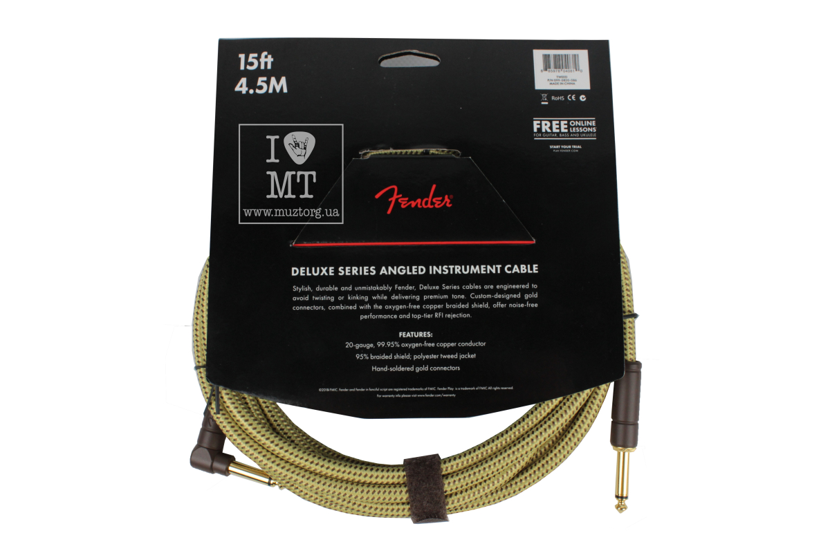 Kabel nástrojový FENDER CABLE DELUXE SERIES 15' ANGLED TWEED