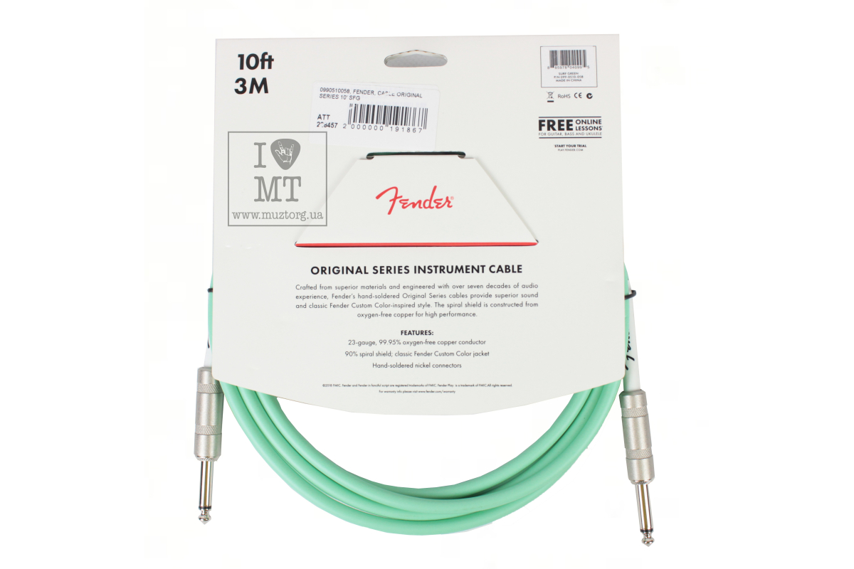 Kabel nástrojový FENDER CABLE ORIGINAL SERIES 10' SURF GREEN