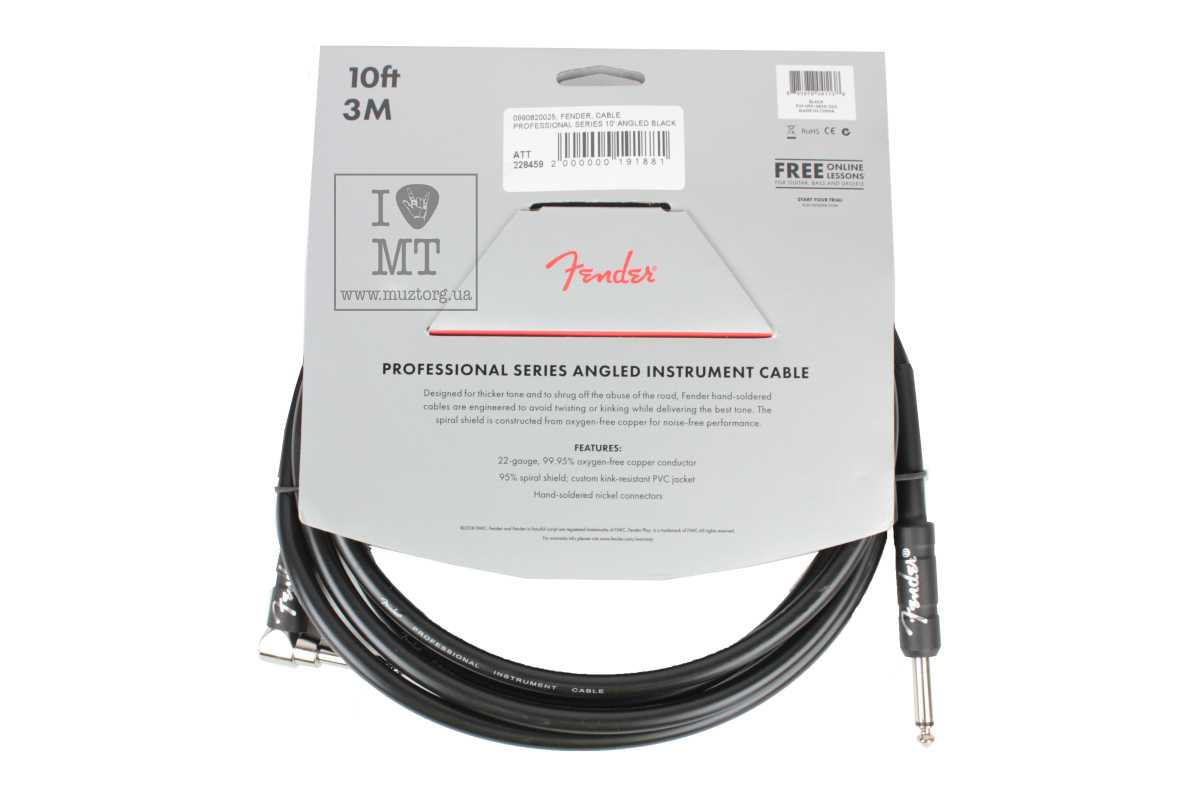 Kabel nástrojový FENDER CABLE PROFESSIONAL SERIES 10' ANGLED BLACK