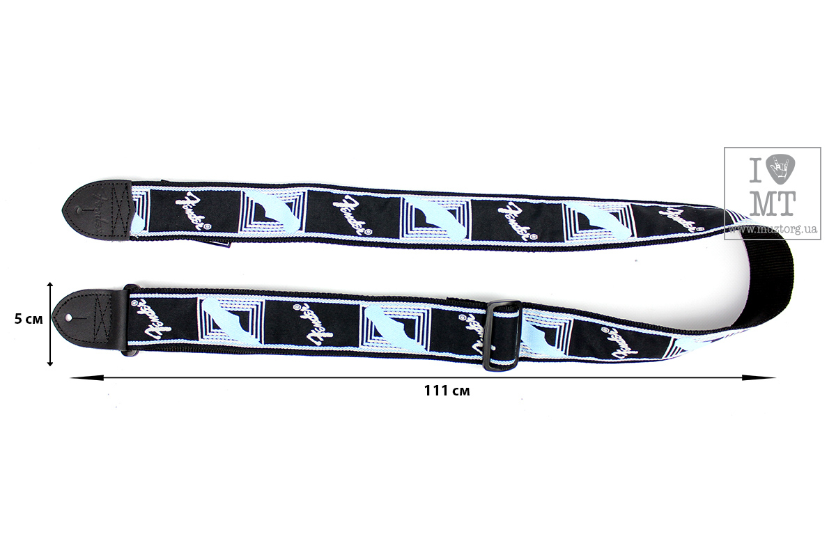 Kytarový popruh FENDER STRAP 2" MONOGRAMMED BLACK LIGHT GREY MEDIUM BLUE