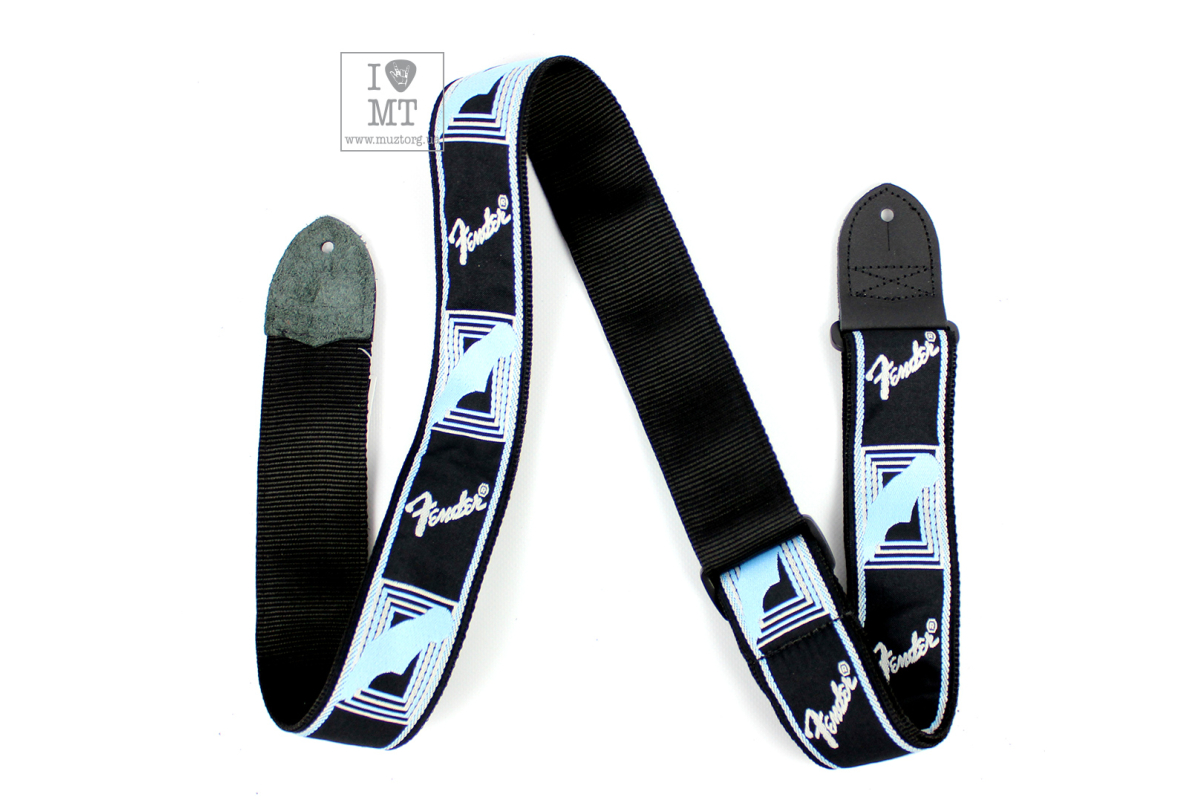 Kytarový popruh FENDER STRAP 2" MONOGRAMMED BLACK LIGHT GREY MEDIUM BLUE
