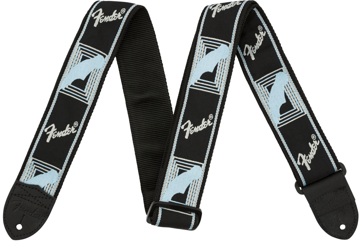 Kytarový popruh FENDER STRAP 2" MONOGRAMMED BLACK LIGHT GREY MEDIUM BLUE