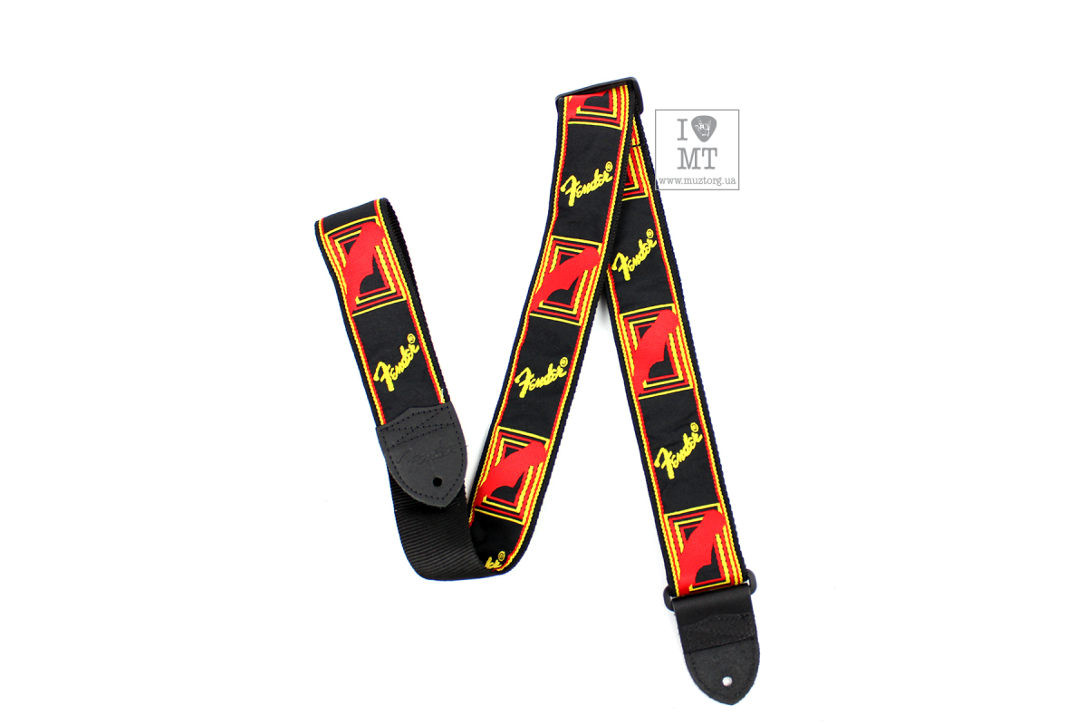 Kytarový popruh FENDER STRAP 2" MONOGRAMMED BLACK/YELLOW/RED